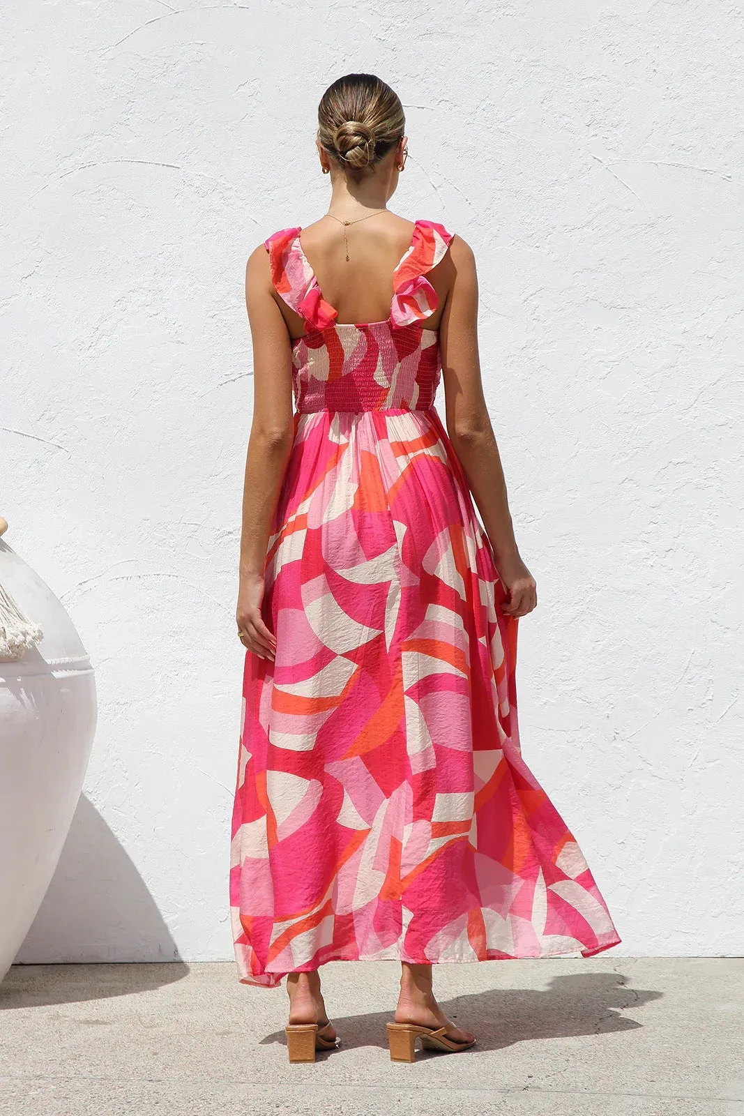 Summer Printed V Neck Large Swing Strap Dress