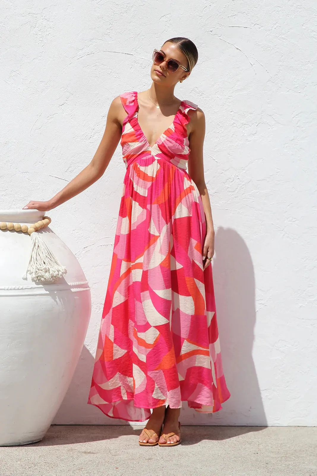 Summer Printed V Neck Large Swing Strap Dress