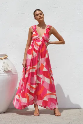 Summer Printed V Neck Large Swing Strap Dress