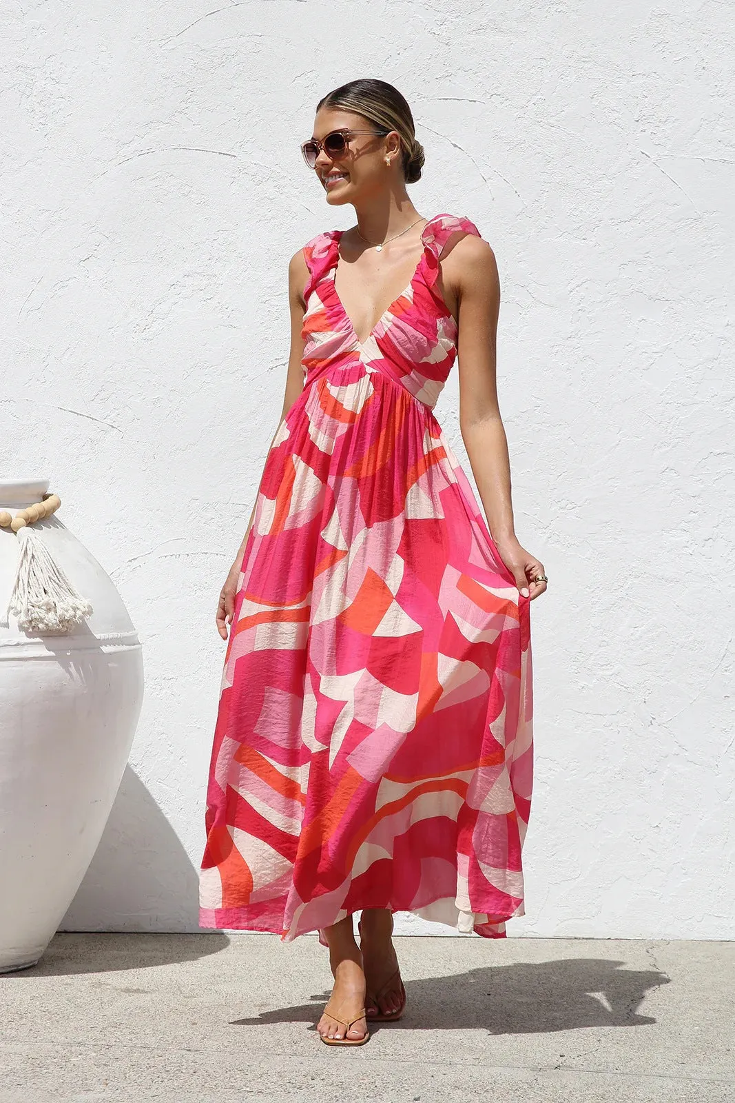 Summer Printed V Neck Large Swing Strap Dress