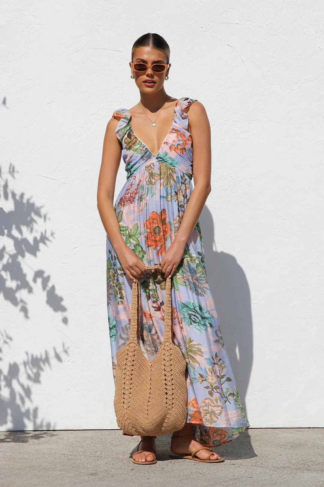 Summer Printed V Neck Large Swing Strap Dress
