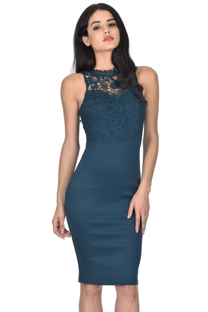 Teal High Neck Crochet Bodycon Dress