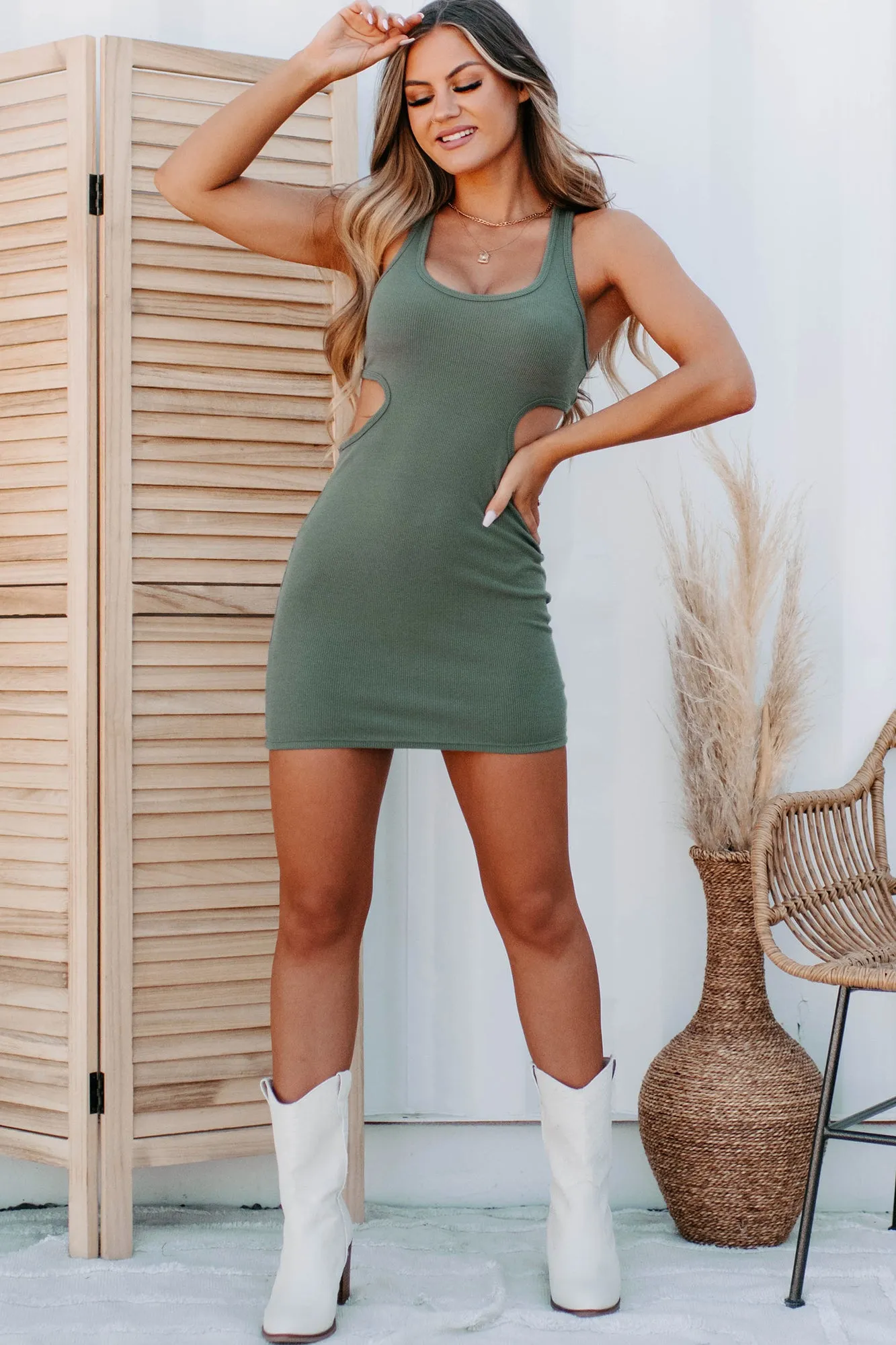The Moment Is Mine Ribbed Cut-Out Bodycon (Olive)