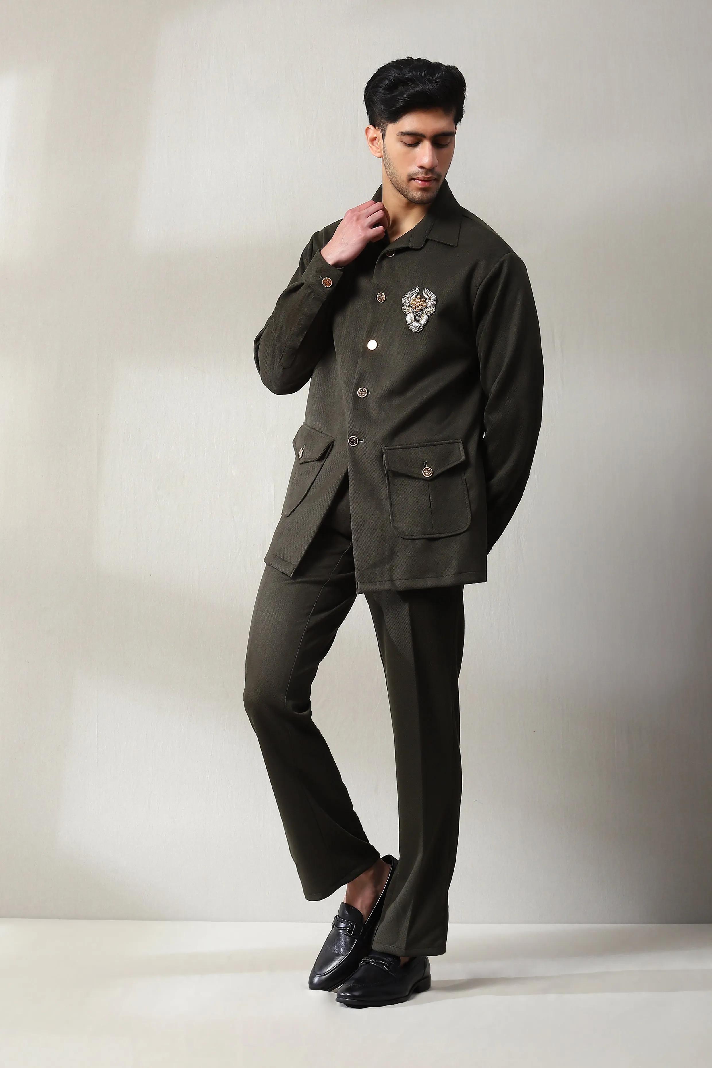This dark olive green corduroy velvet co-ord set