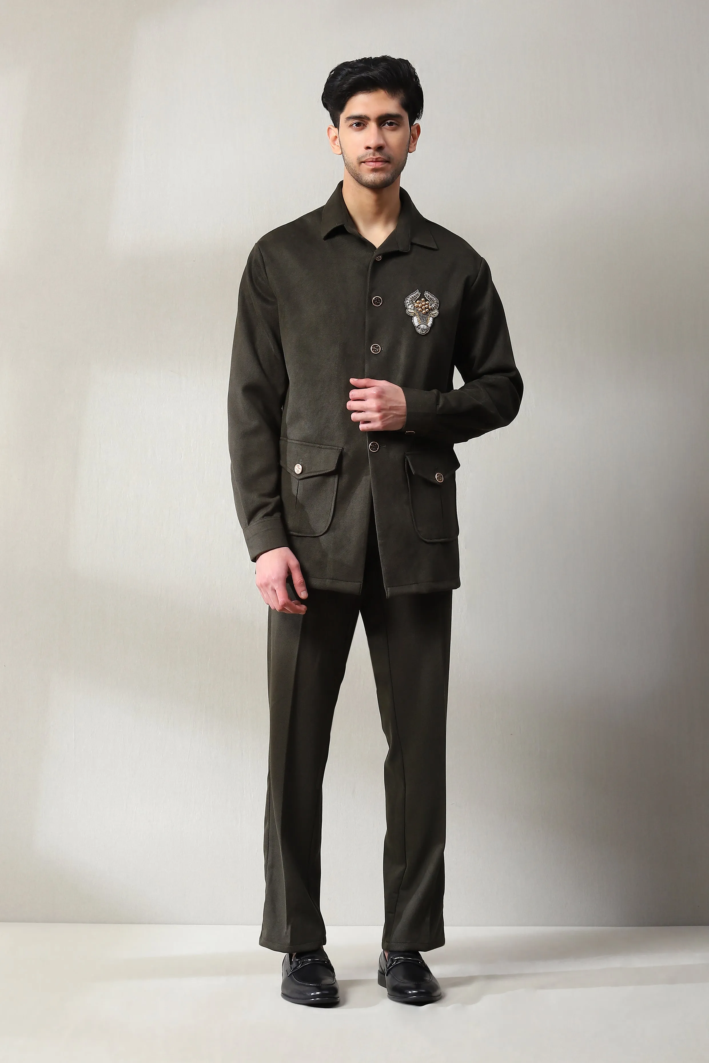 This dark olive green corduroy velvet co-ord set