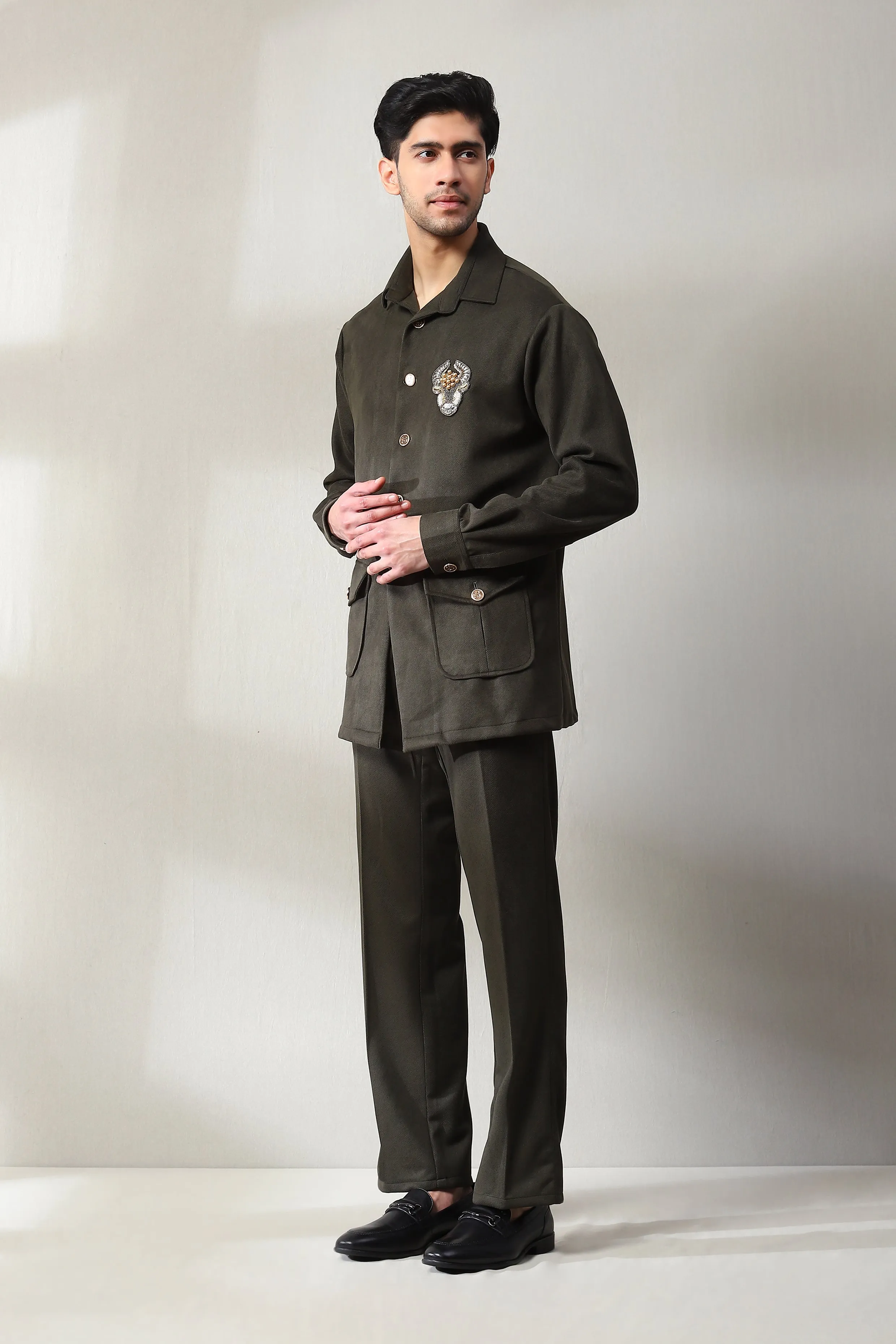 This dark olive green corduroy velvet co-ord set