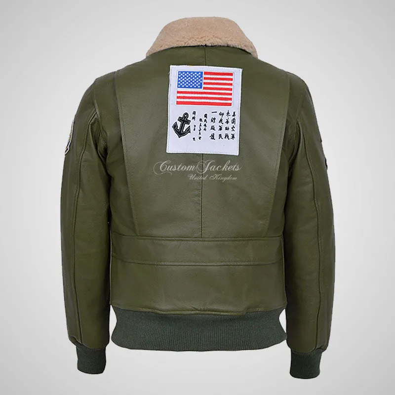 TOP GUN Men's Fur Collared Leather Bomber Jacket With Badges Green