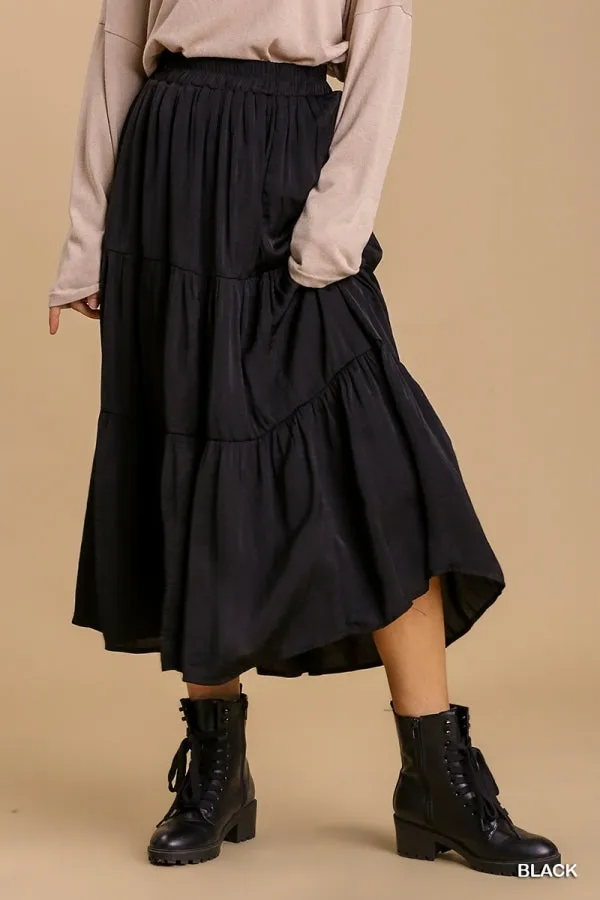Umgee Elastic Waist Band Tiered Skirt with Lining