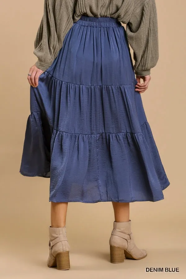Umgee Elastic Waist Band Tiered Skirt with Lining
