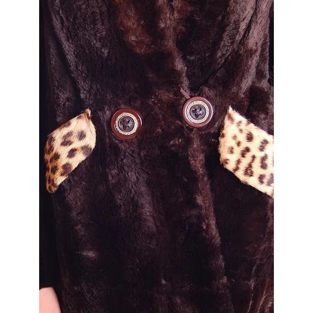 Vintage Brown Sheared Hudson Seal Swing Jacket Fur Trim 1940s Sz S/M