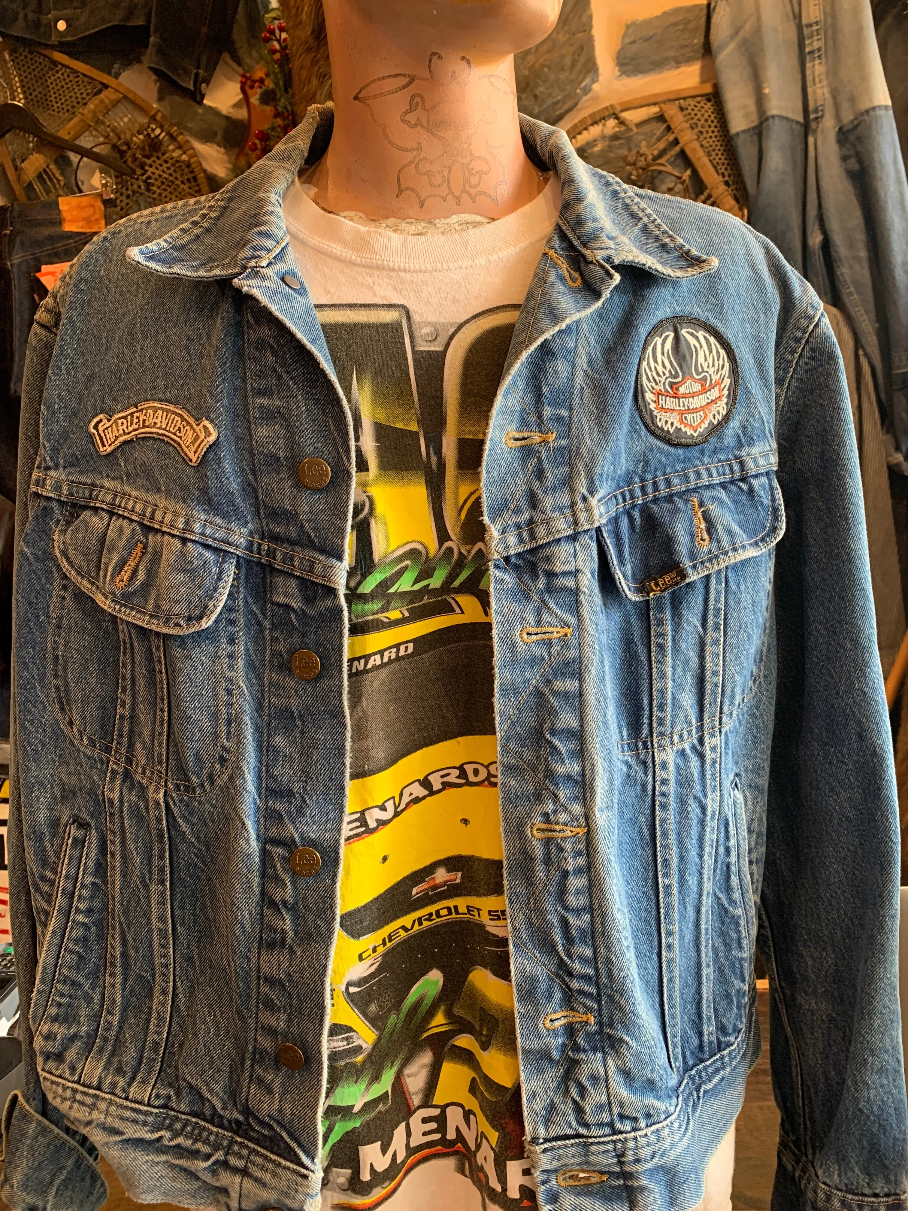 Vintage Lee Denim Jacket & Harley Patches. Rare. LA Import. 44R Large. FREE POST