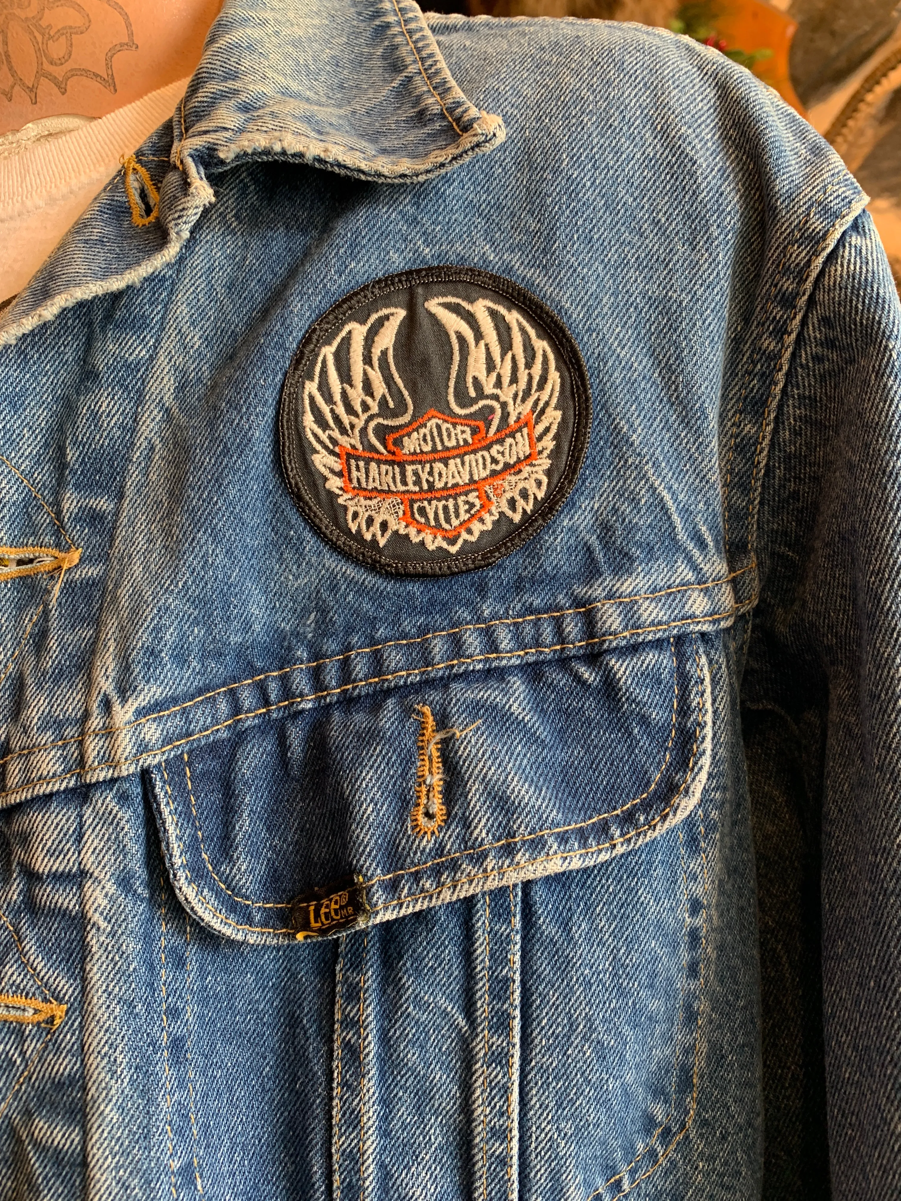 Vintage Lee Denim Jacket & Harley Patches. Rare. LA Import. 44R Large. FREE POST