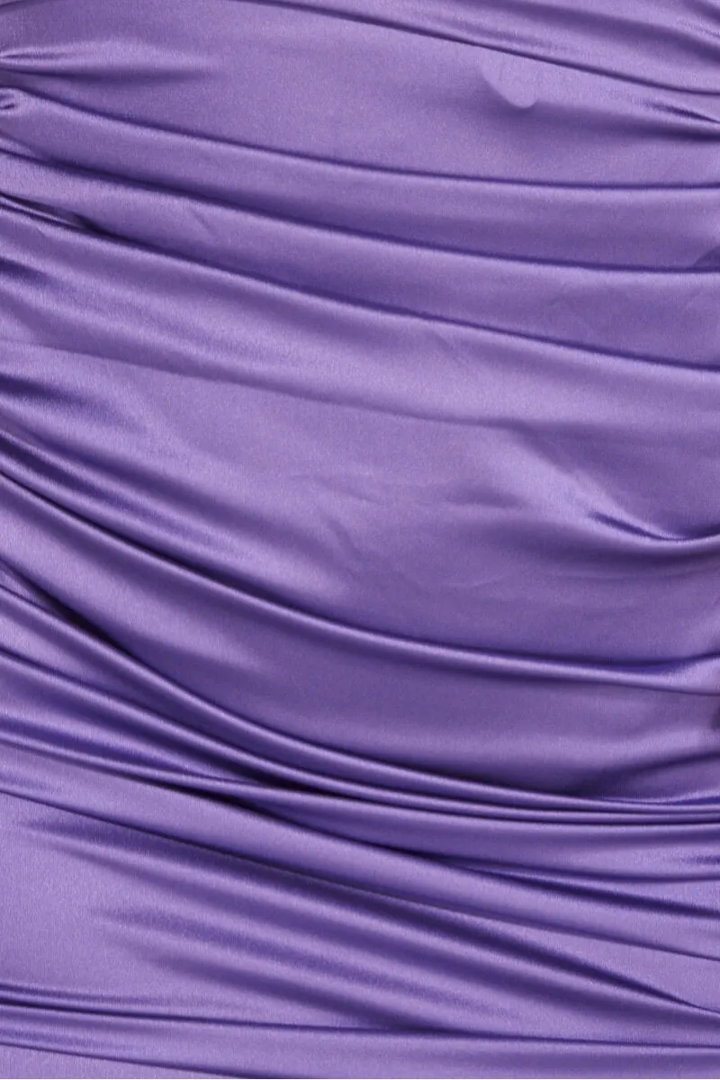 Violet Satin Ruched Bust Cup Asymmetric Hem Mini Dress