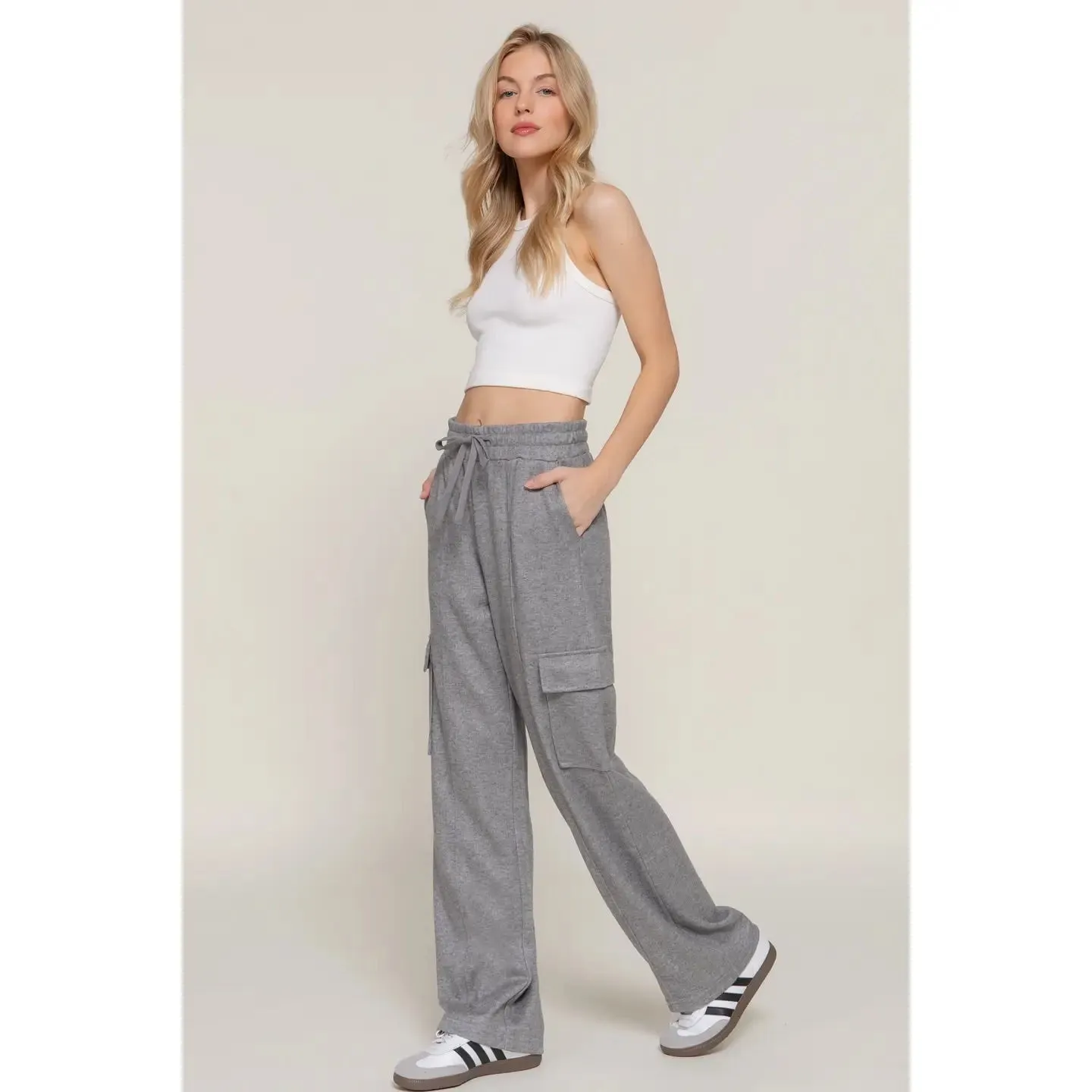 Waistband Drawstring Side Pocket Knit Corduroy Pants
