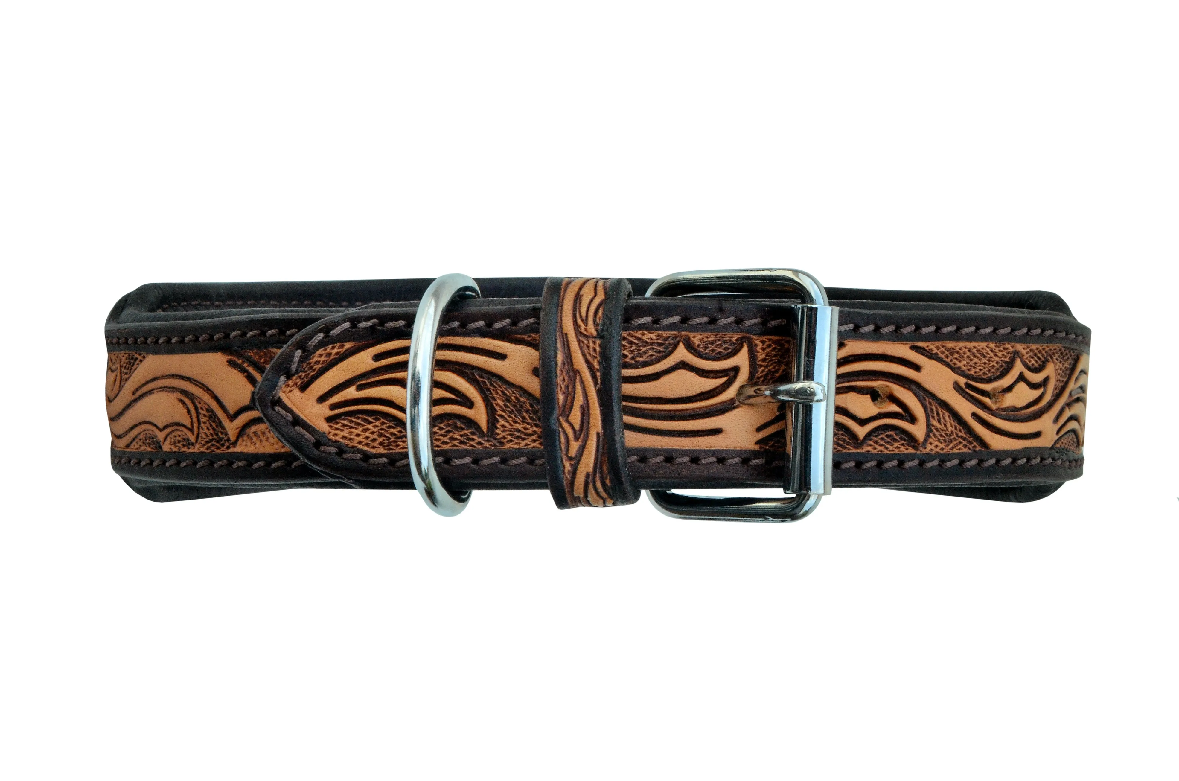 Western Style Beaded and Tooled Leather Dog Collar With Padded Soft Lining 10AB003