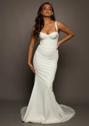 White bustier mermaid dress with lace up back for hire