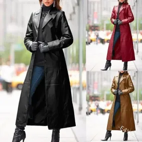 Women Autumn Winter Solid Color Faux Leather Long Slim Wind Jacket/Black Trench