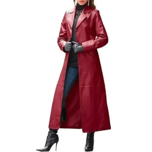Women Autumn Winter Solid Color Faux Leather Long Slim Wind Jacket/Black Trench