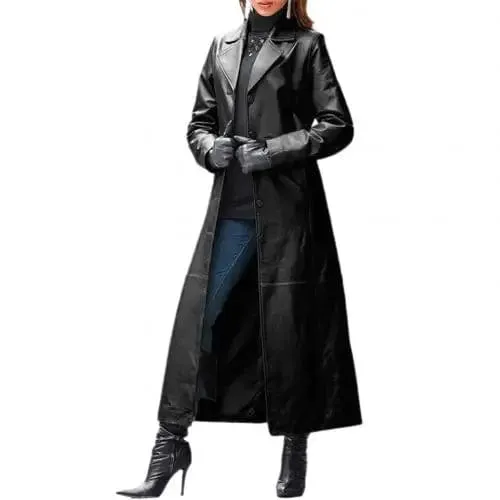 Women Autumn Winter Solid Color Faux Leather Long Slim Wind Jacket/Black Trench