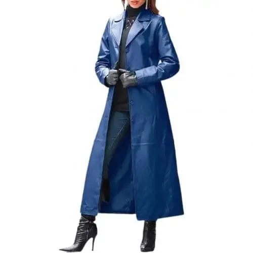 Women Autumn Winter Solid Color Faux Leather Long Slim Wind Jacket/Black Trench