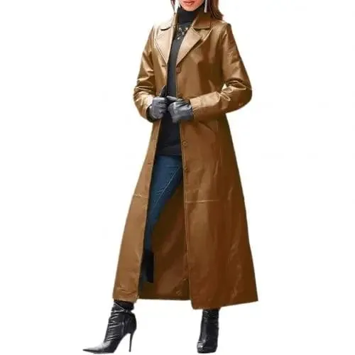 Women Autumn Winter Solid Color Faux Leather Long Slim Wind Jacket/Black Trench