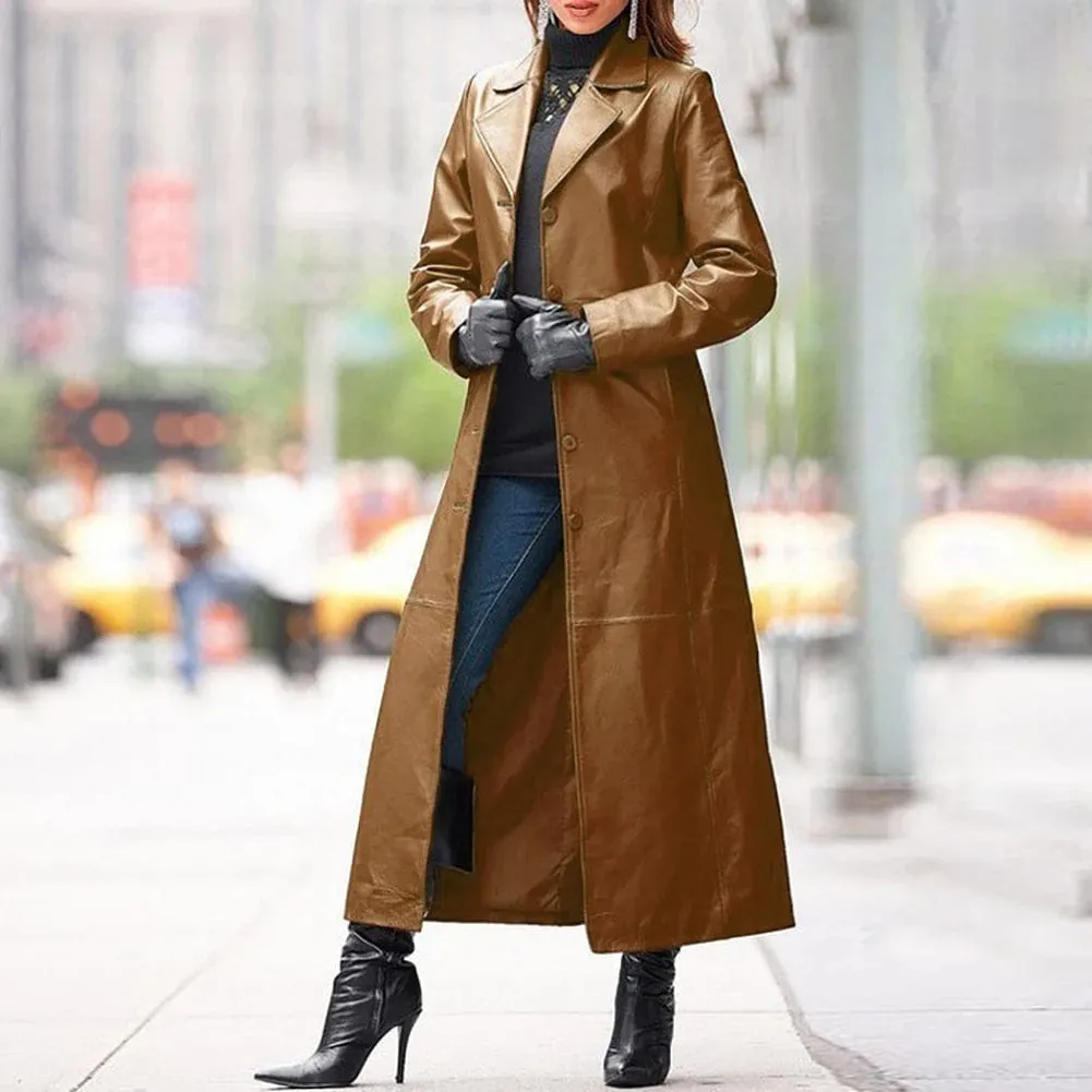 Women Autumn Winter Solid Color Faux Leather Long Slim Wind Jacket/Black Trench