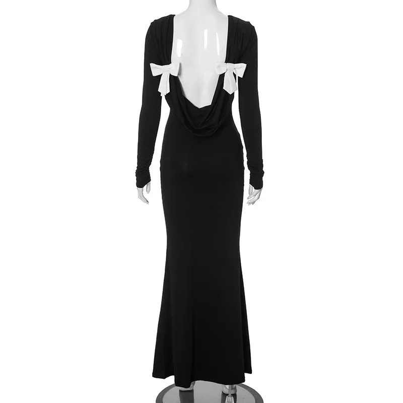 Women Backless Bow Long Sleeve Narrow Maxi Formal Dress