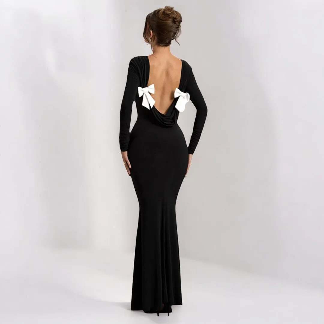 Women Backless Bow Long Sleeve Narrow Maxi Formal Dress