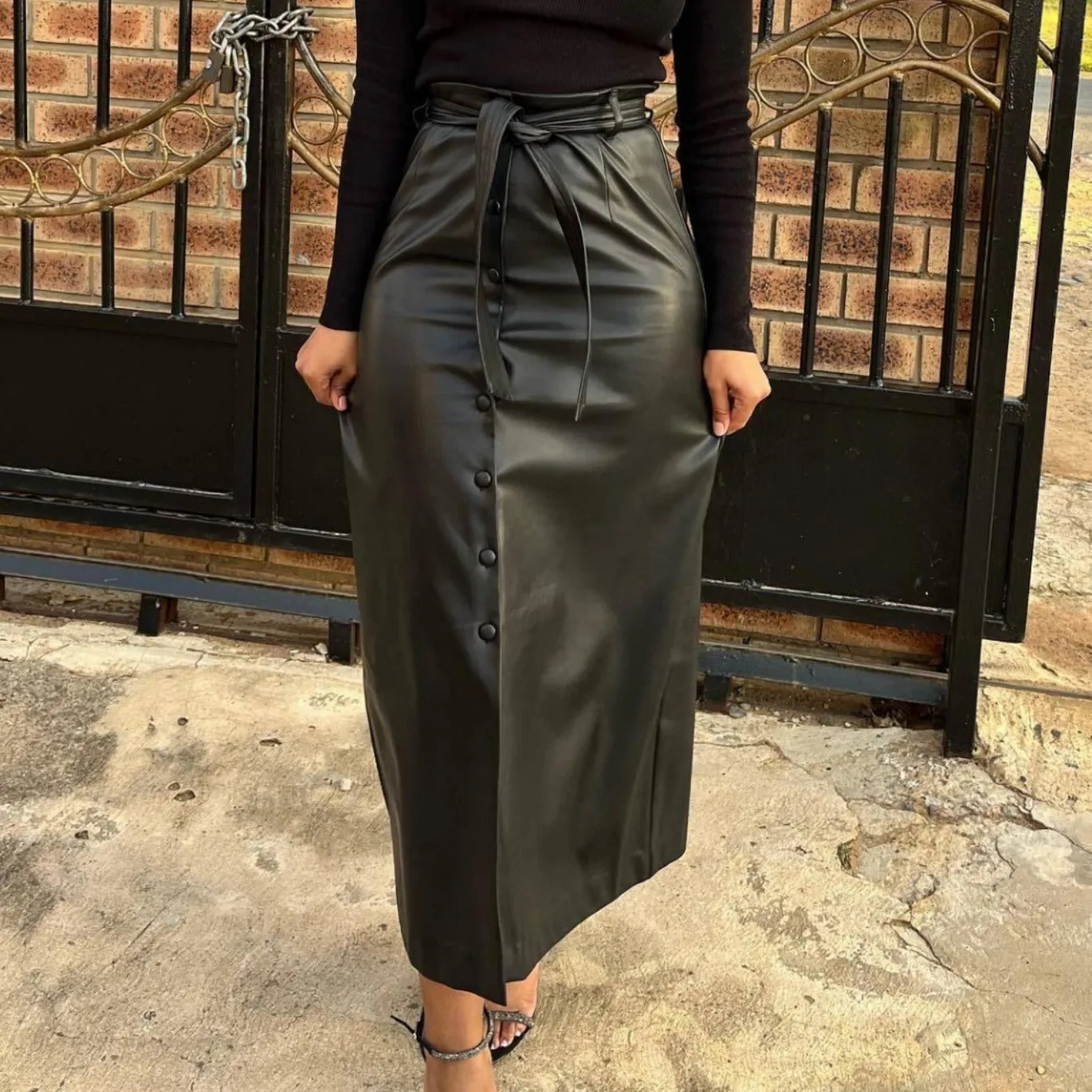 Women Black Faux Leather Slit Slim Skirt