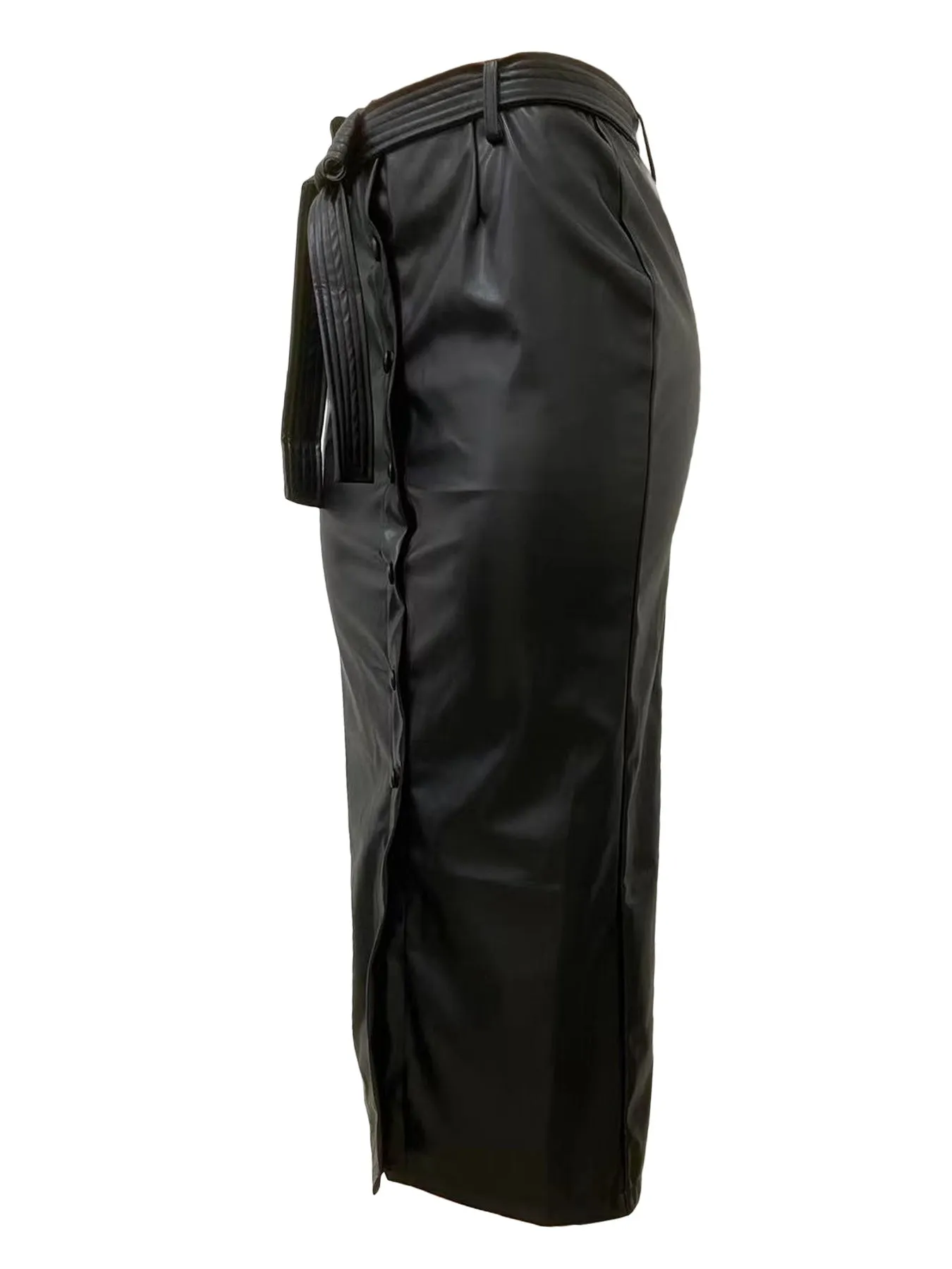 Women Black Faux Leather Slit Slim Skirt
