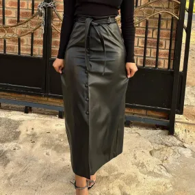 Women Black Faux Leather Slit Slim Skirt