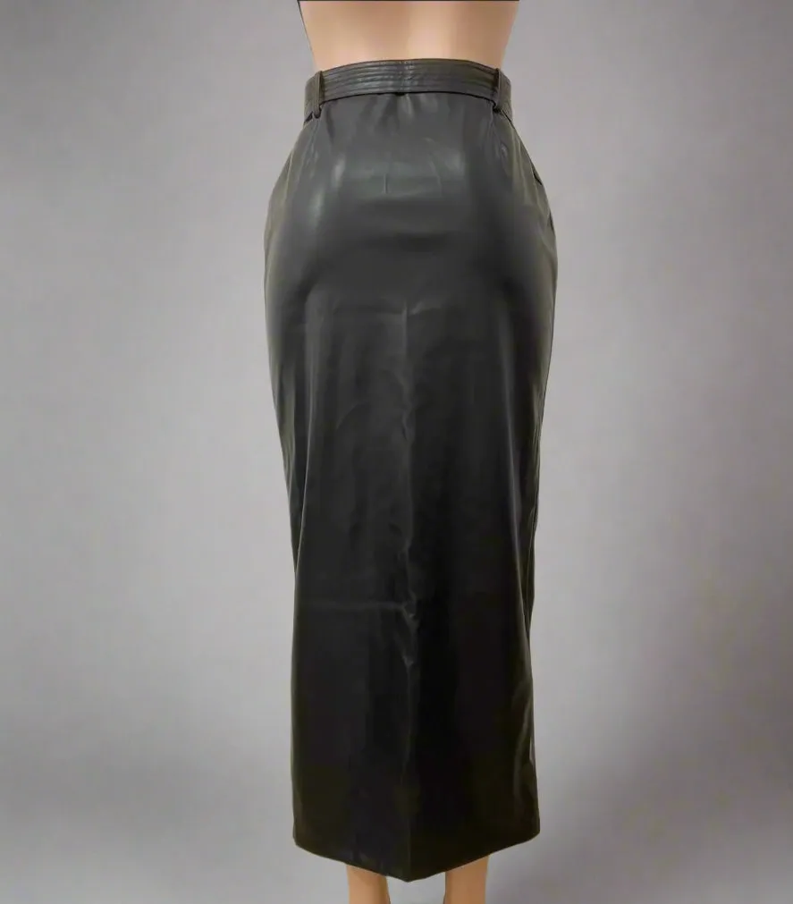 Women Black Faux Leather Slit Slim Skirt