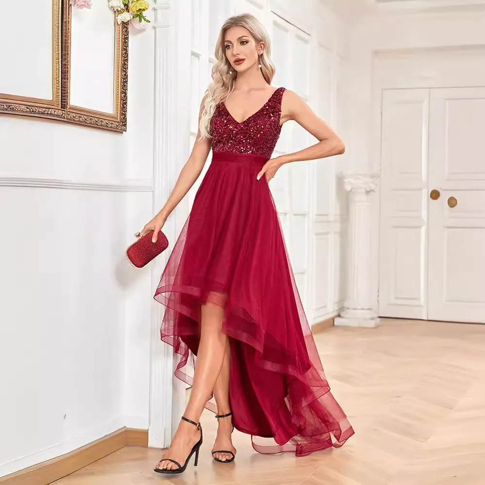 Women Chiffon Double V Neck A Line Sequin Evening Dress