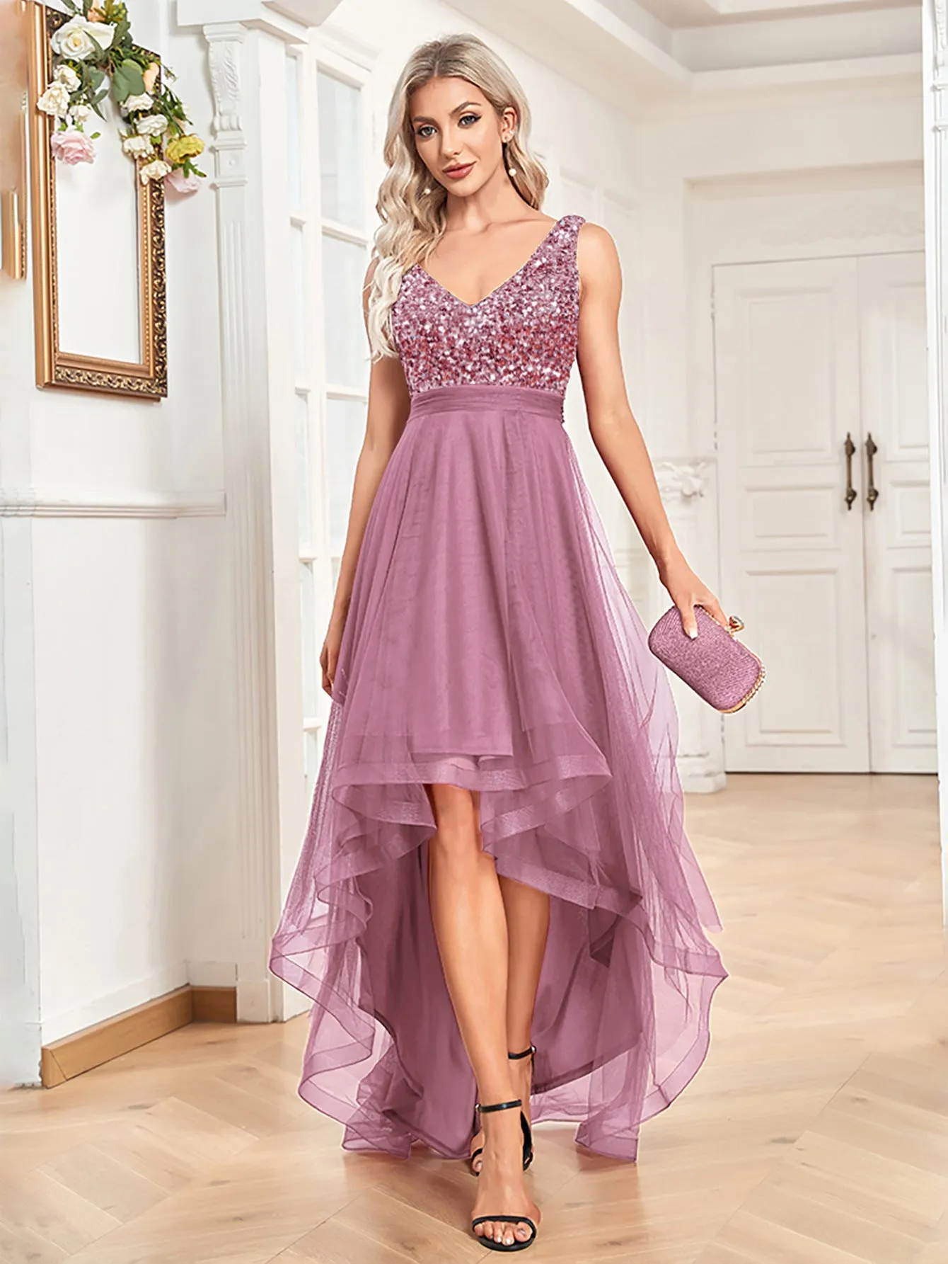 Women Chiffon Double V Neck A Line Sequin Evening Dress