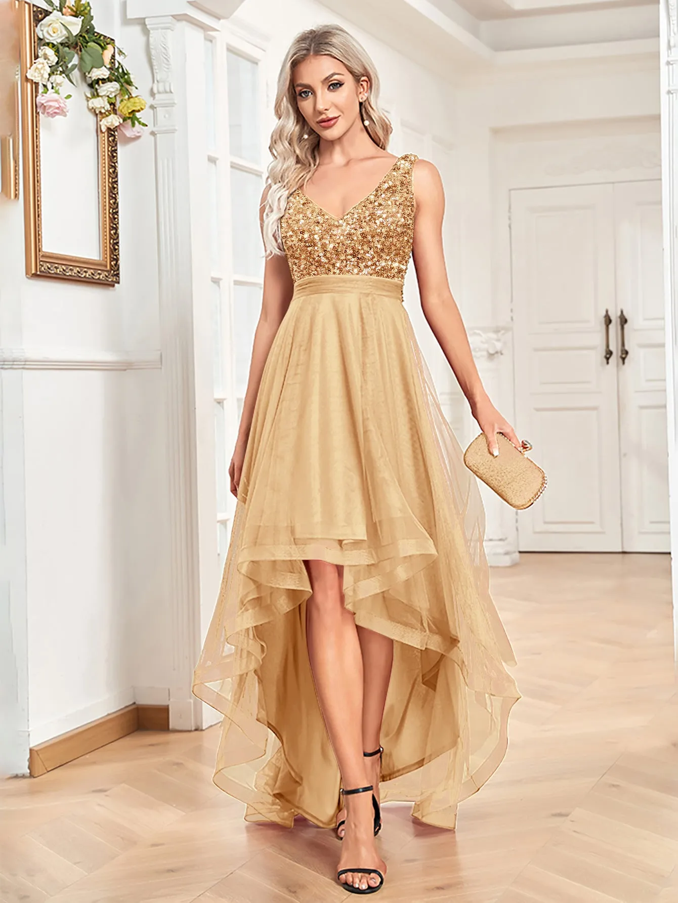 Women Chiffon Double V Neck A Line Sequin Evening Dress