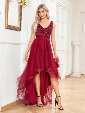Women Chiffon Double V Neck A Line Sequin Evening Dress
