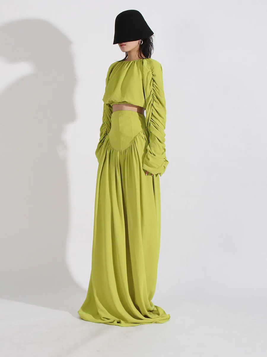 Women O Neck Long Sleeve Patchwork Folds Two Piece Set