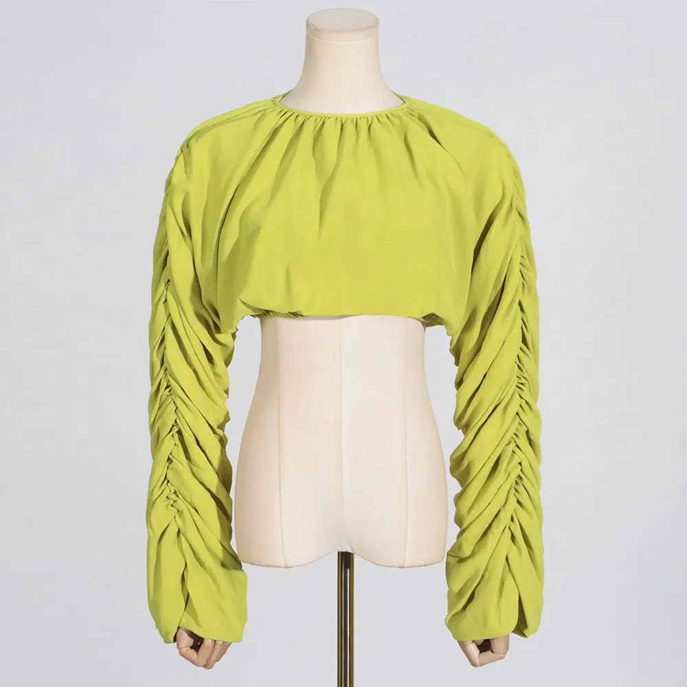 Women O Neck Long Sleeve Patchwork Folds Two Piece Set