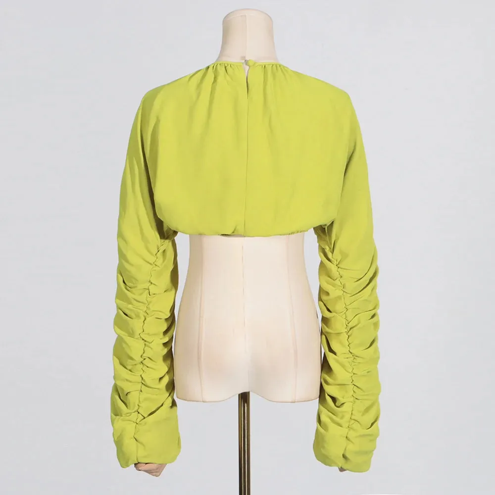Women O Neck Long Sleeve Patchwork Folds Two Piece Set