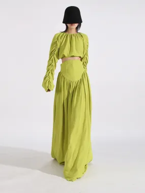 Women O Neck Long Sleeve Patchwork Folds Two Piece Set