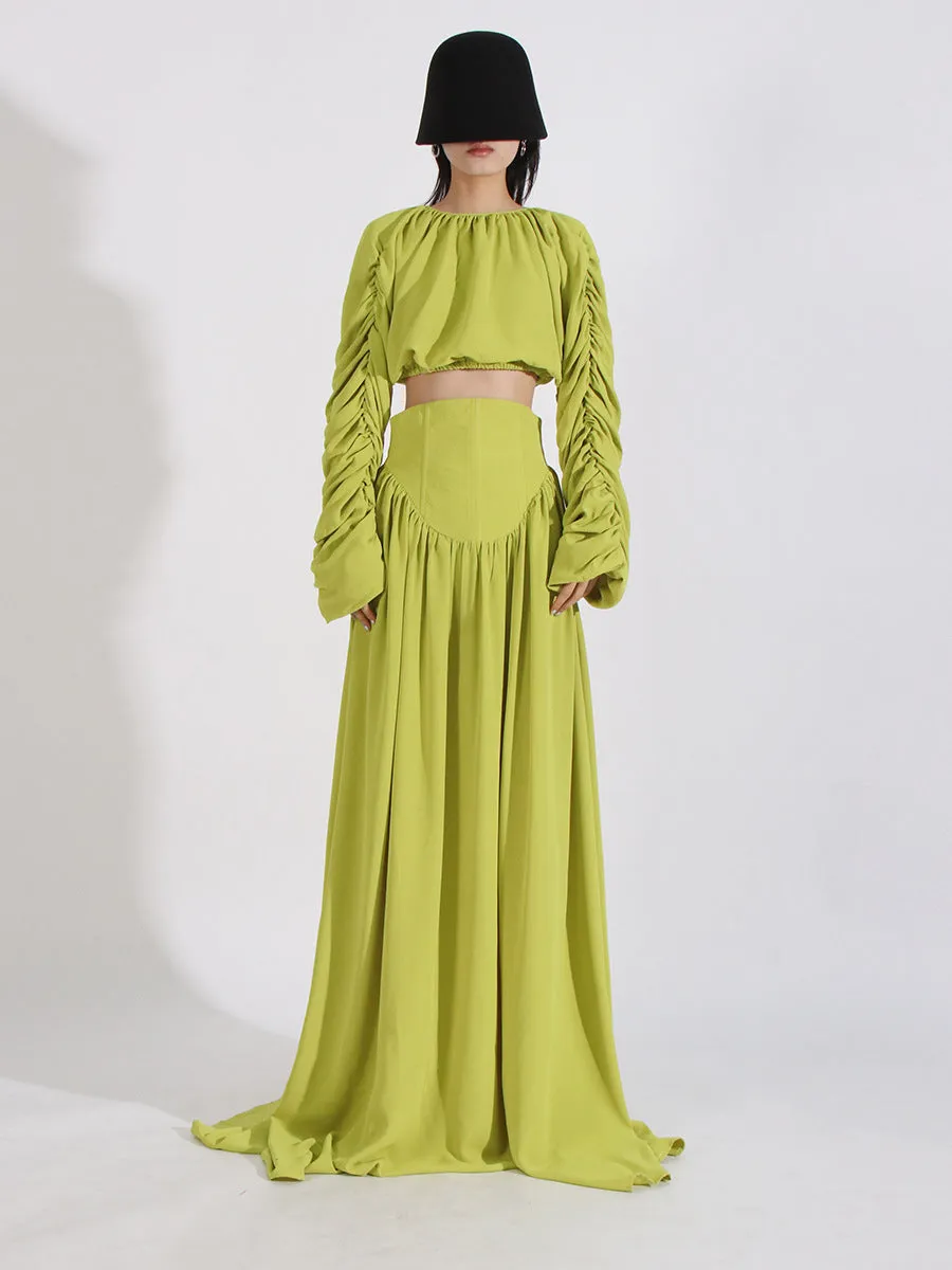 Women O Neck Long Sleeve Patchwork Folds Two Piece Set