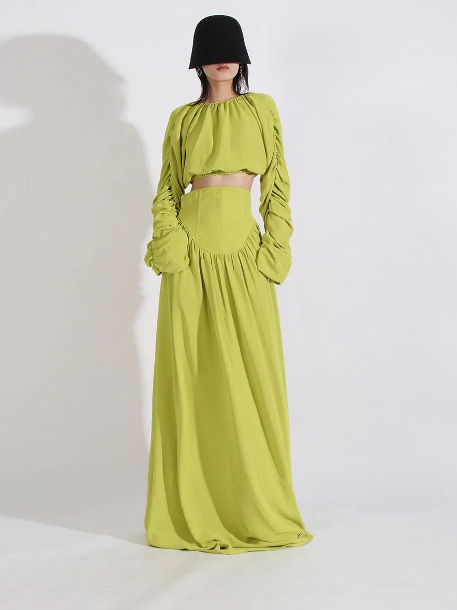 Women O Neck Long Sleeve Patchwork Folds Two Piece Set