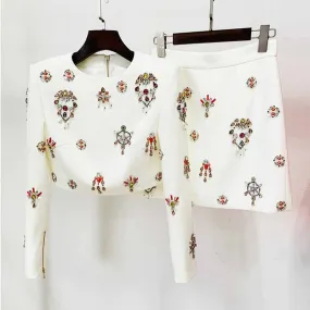 Women's Formal Skirt Suit Fitted nail bead diamond Short Crop Jacket   Mini Skirt Suit