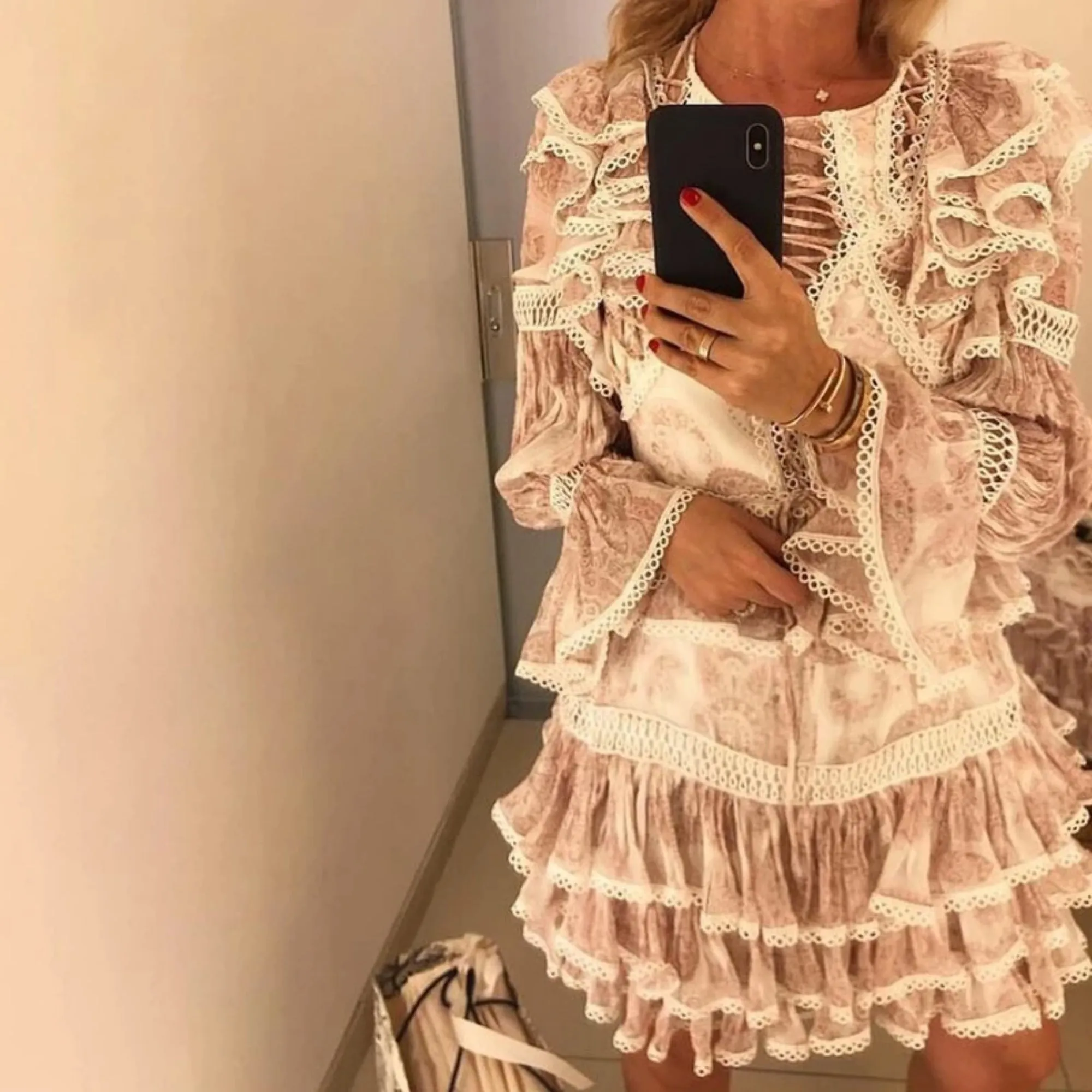 Women's Spring High-Waist O-Neck Mini Dress With Ruffles