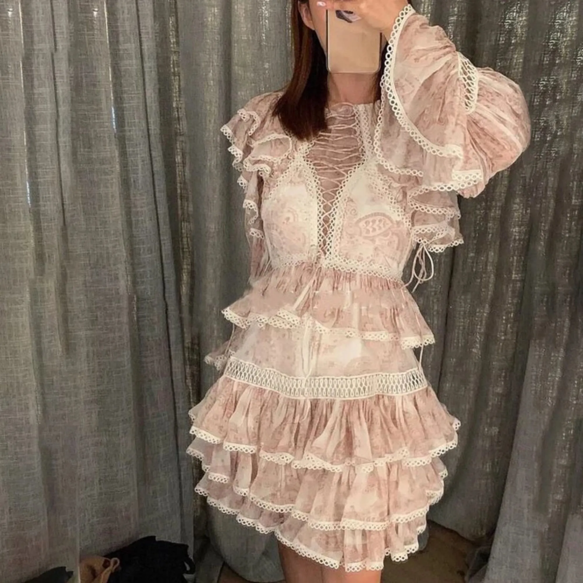 Women's Spring High-Waist O-Neck Mini Dress With Ruffles