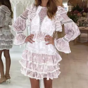 Women's Spring High-Waist O-Neck Mini Dress With Ruffles