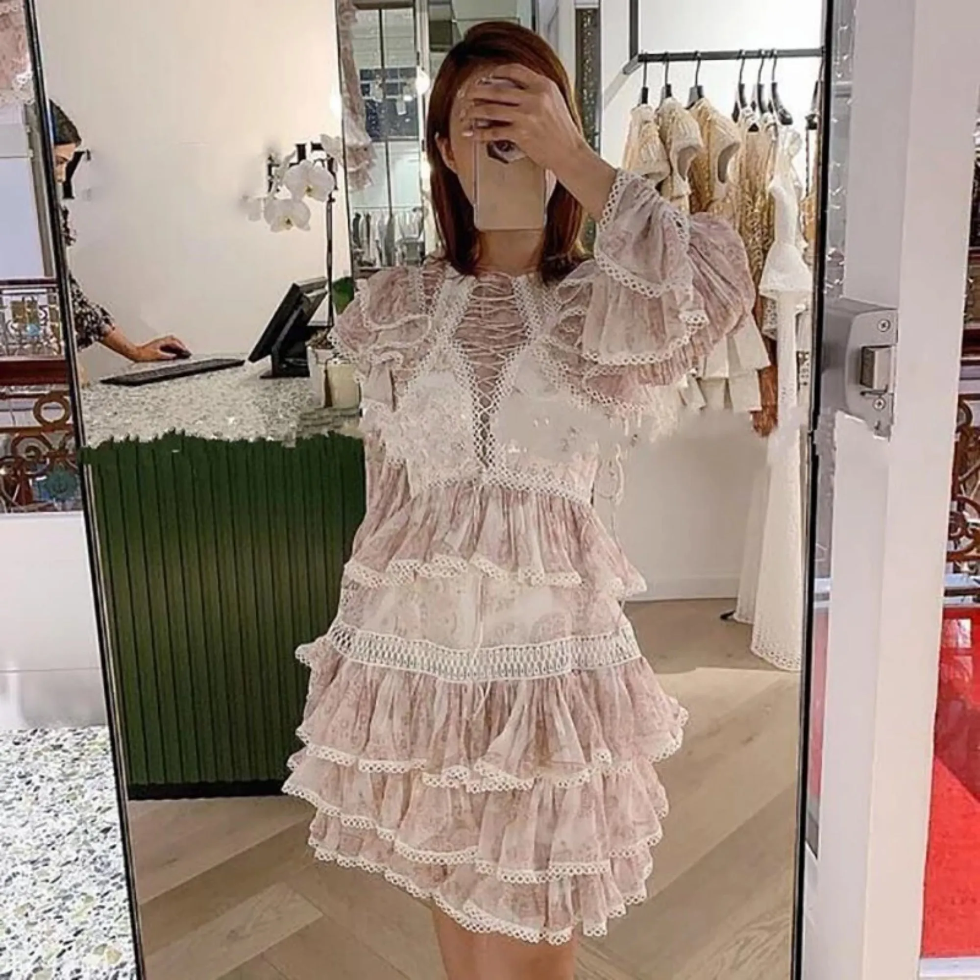 Women's Spring High-Waist O-Neck Mini Dress With Ruffles