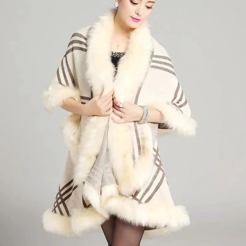 Women's Winter Casual O-Neck Poncho With Faux Rabbit Fur