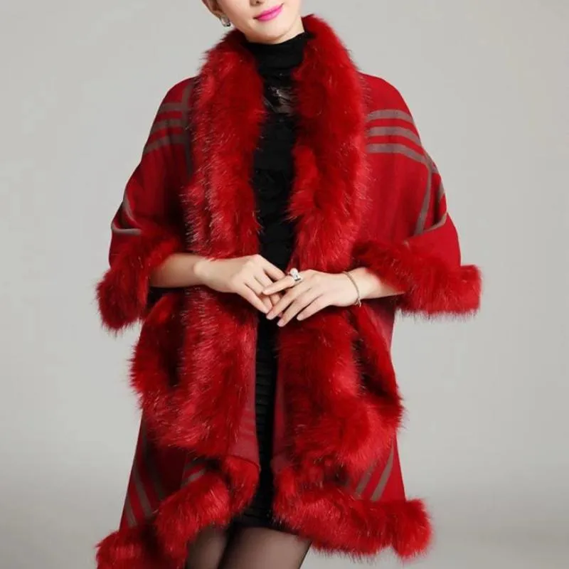 Women's Winter Casual O-Neck Poncho With Faux Rabbit Fur