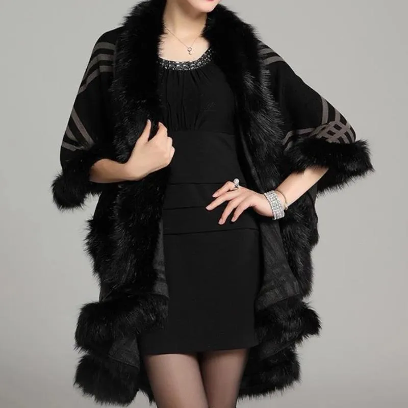 Women's Winter Casual O-Neck Poncho With Faux Rabbit Fur
